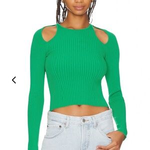 Astr Green Ribbed Cutout Shoulder Crop Sweater